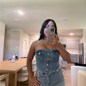 Denim Strapless Corset Top - Light Blue